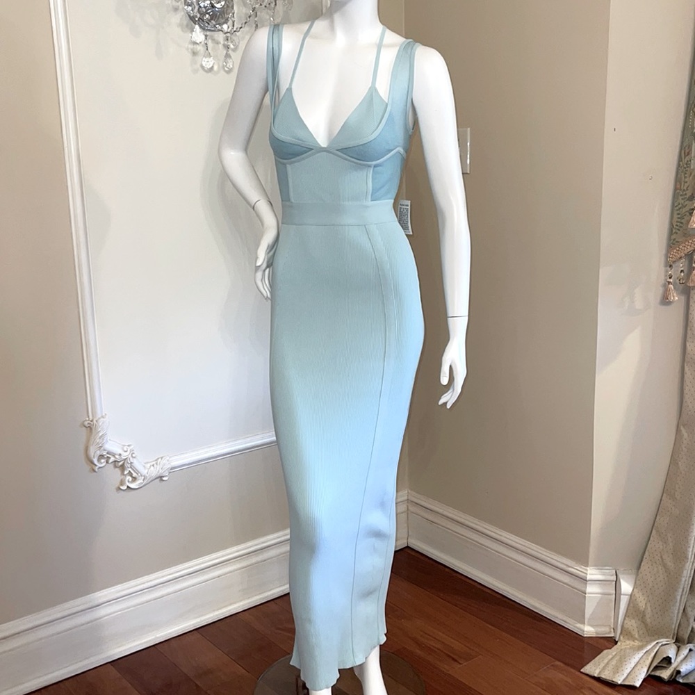 HERVÉ LÉGER Rib Knit Bustier Maxi Gown Dress Sheer Overlay Size S NWT